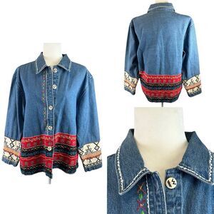 Vintage 90s Southwestern Aztec Western Denim Chambray Chore Jacket M Embroidered